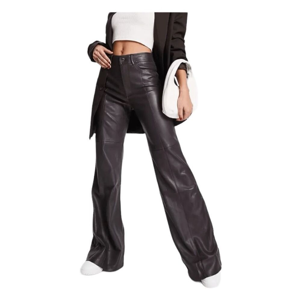 MNG Mango Pants Dark Brown Vegan Leather Wide Leg High Rise Sz 6